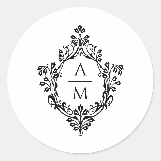 Wappen Monogram Elegant Black and White Wedding Runder Aufkleber (Vorderseite)