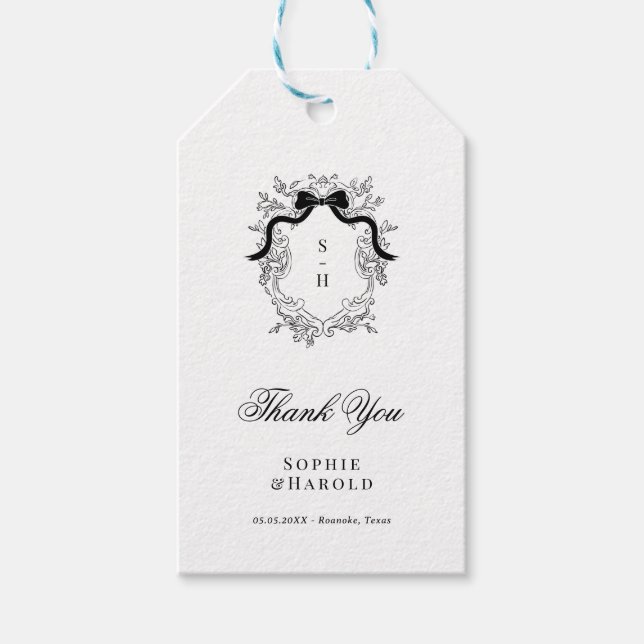 Wappen Monogram French Bow Ribbon Wedding Danke Geschenkanhänger (Vorderseite)