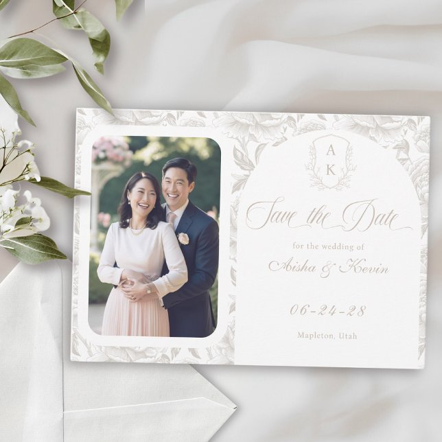 Wappen Monogram Pale Taupe Script Foto Save The Date (Von Creator hochgeladen)