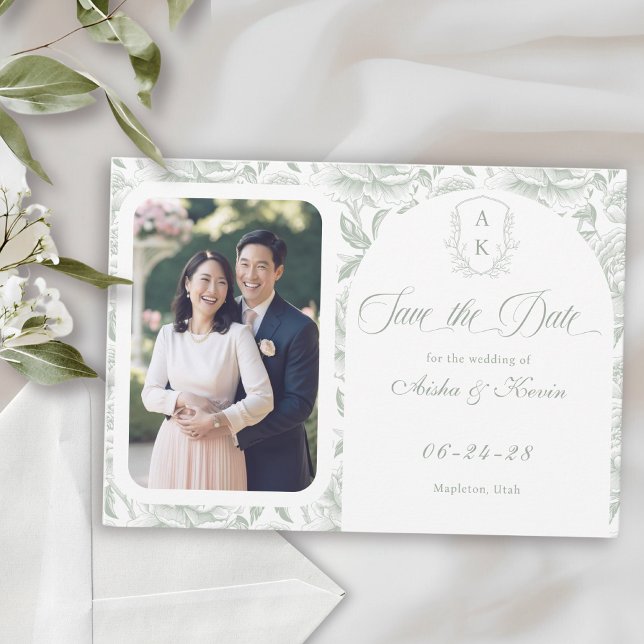 Wappen Monogram Sage Green Script Foto Save The Date (Von Creator hochgeladen)