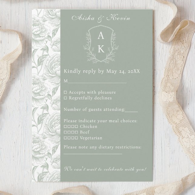 Wappen Monogram Sage Green Wedding RSVP Karte (Von Creator hochgeladen)