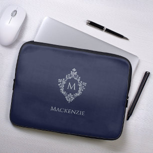 Wappen Navy Blue Vintag Elegante Monogramm und Nam Laptopschutzhülle