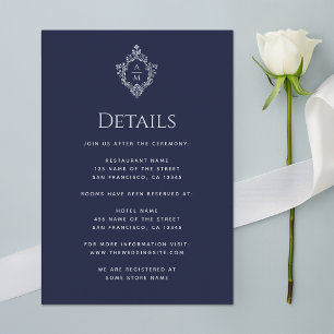 Wappen Navy Blue Wedding Details Monogramm Vintag Begleitkarte