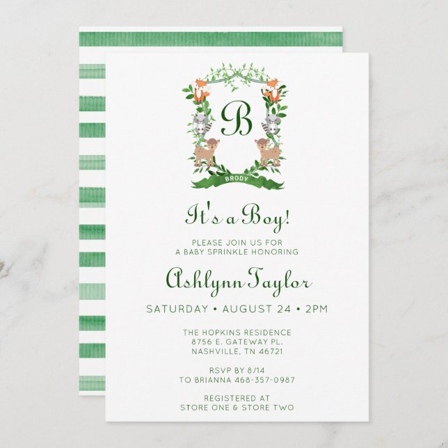 Wappen von Waldtieren Es ist ein Baby-Sprinkle Einladung (Vorne/Hinten)