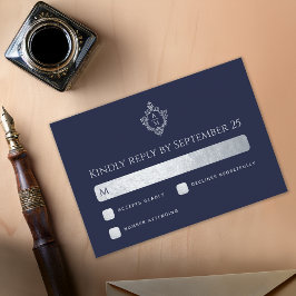Wappen Wedding Monogram Navy Blue Imitats Silver F RSVP Karte