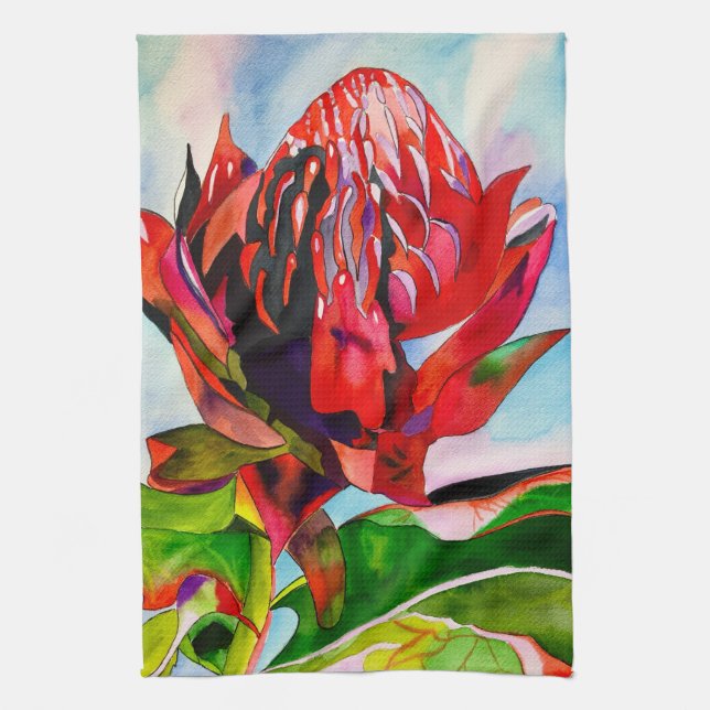 Waratah Australische Blume Aquarell Geschirrtuch (Vertikal)