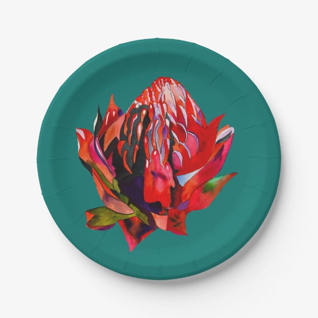 Waratah Australische Blume Aquarell Pappteller (Vorderseite)