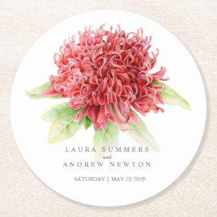 Waratah-Hochzeits-Botanische Aquarellmalerei rot u Runder Pappuntersetzer