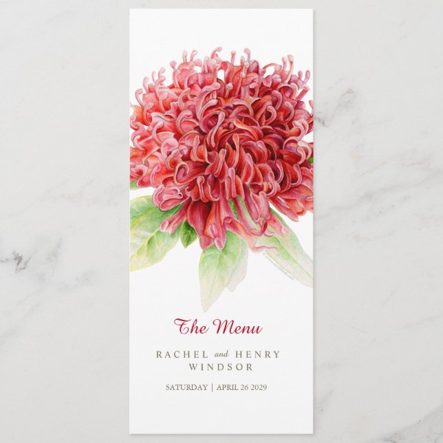 Waratah Rote Blume australische Hochzeitskarte Menükarte (Vorderseite)