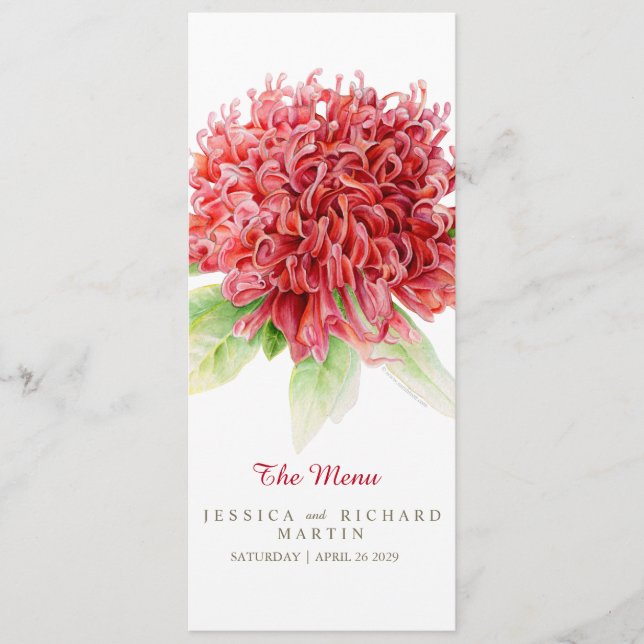 Waratah Rote Blume Hochzeitsmenü Menükarte (Vorderseite)