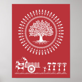 Warli Harmony: Baum des Lebens und ländliches Blis Poster