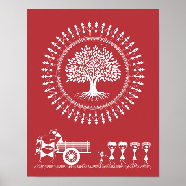 Warli Harmony: Baum des Lebens und ländliches Blis Poster (Vorne)