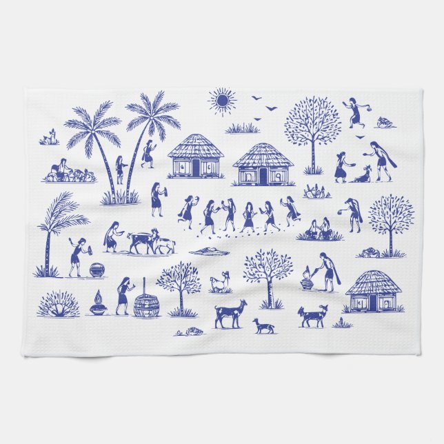 Warli-Kunst Indische Stammesillustration Geschirrtuch (Horizontal)