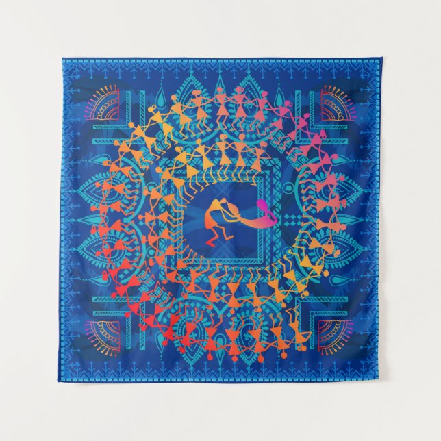 Warli-Malerei - traditionell gezeichnete Handarbei Wandteppich (Vorderseite)