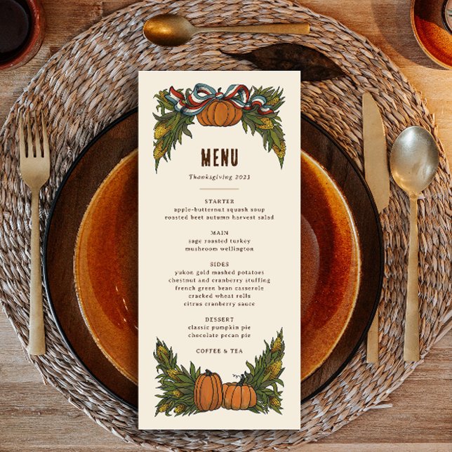Warm Americana Harvest Erntedank Menükarte (autumn harvest thanksgiving dinner menu with illustrated swags of corn stalks, pumpkin and ribbon)