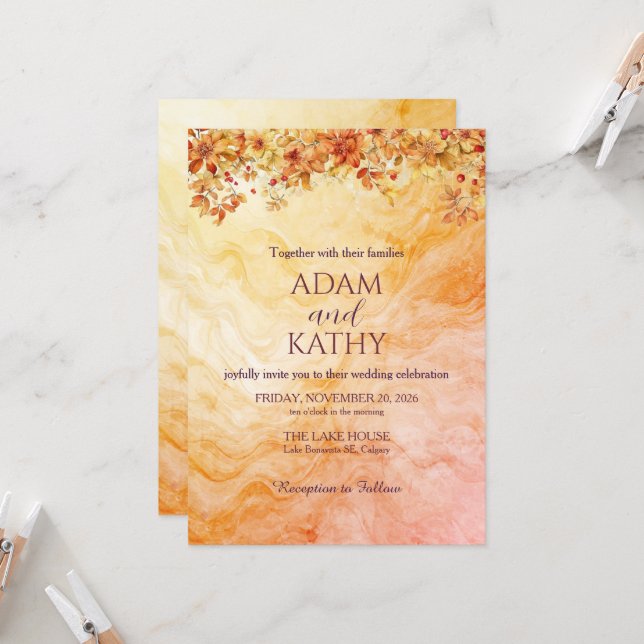 Warm Autumn Marble Wedding Invitation Einladung (Vorderseite/Rückseite Beispiel)