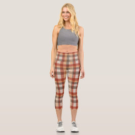 Warm Autumn Plaid Fabric Texture in Rust and Beige Capri Leggings
