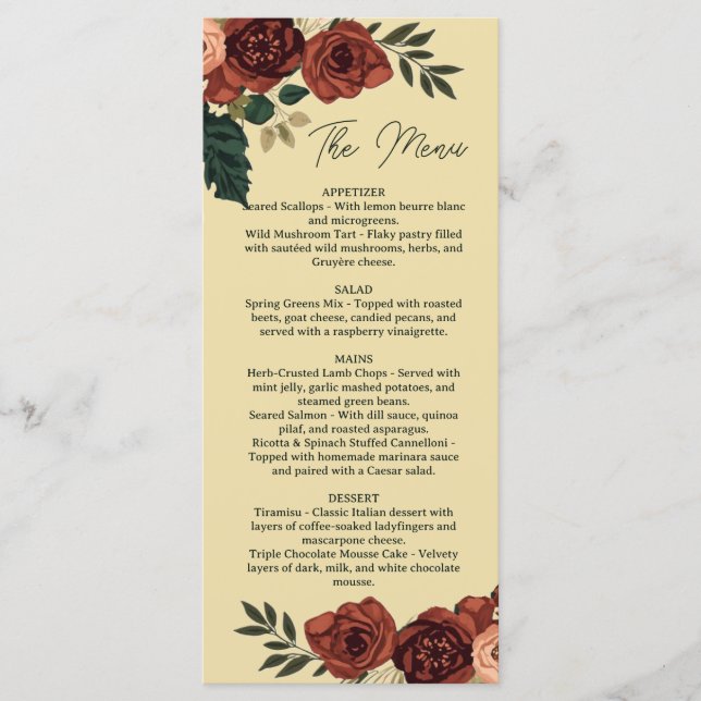 Warm Beige Romantisches Blumenmenü , Hochzeitsmenü Menükarte (Vorderseite)