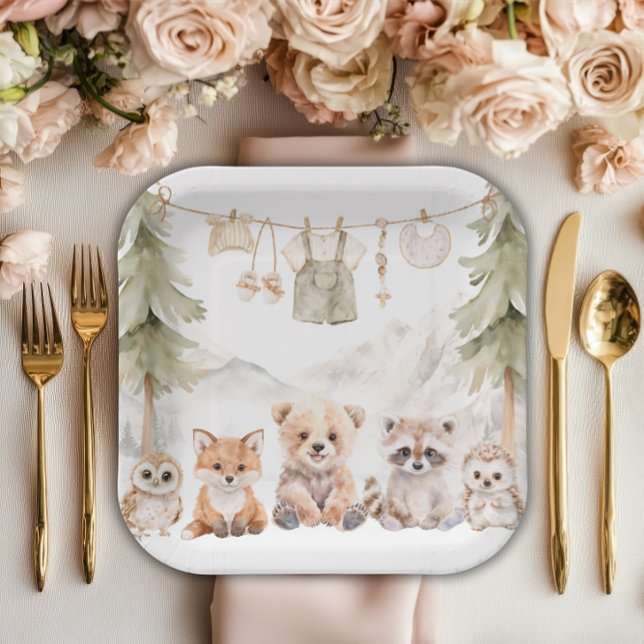 Warm Beige Woodland Adventure Awaits Baby Shower Pappteller (Von Creator hochgeladen)