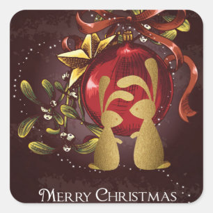 Warm Charming Bunnies n' Mistletoe Frohe Weihnacht Quadratischer Aufkleber