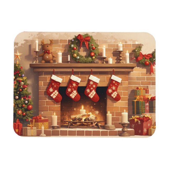 Warm Christmas Fireplace Scene Magnet (Horizontal)