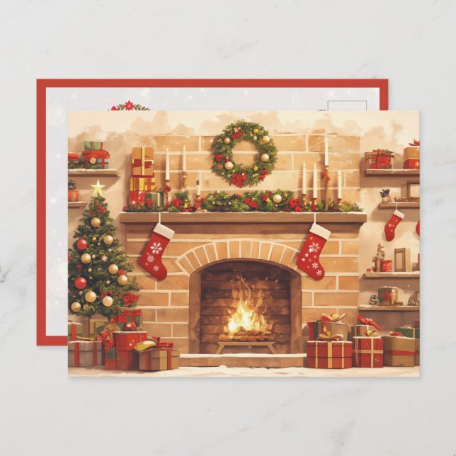 Warm Christmas Fireplace Scene Postkarte (Vorne/Hinten)