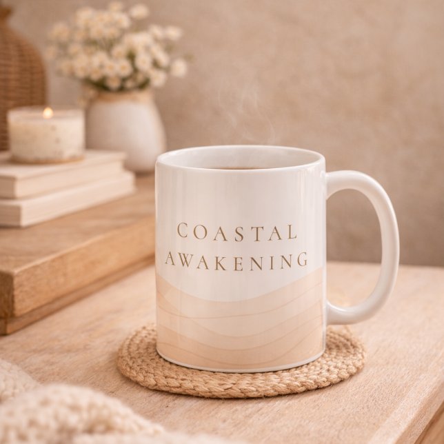 Warm Coastal Awakening Classic Mug, 11 oz Kaffeetasse (White ceramic with Coastal Awakening script for refined coffee ritual)