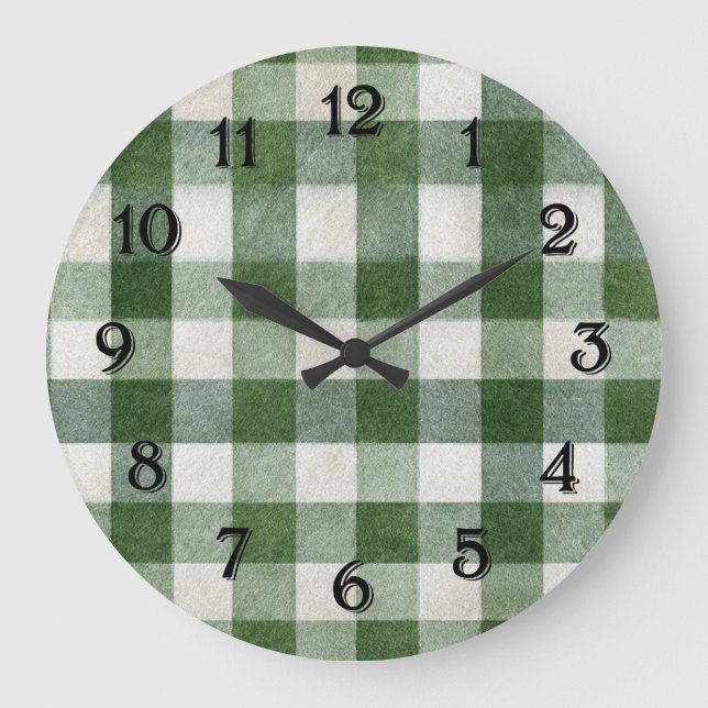 Warm Country Green Cream Plaid Stripes Große Wanduhr (Vorderseite)