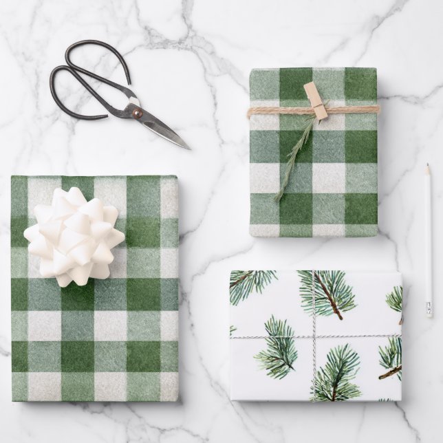 Warm Cream Green Plaid Stripes Christmas Geschenkpapier Set (Vorderseite)