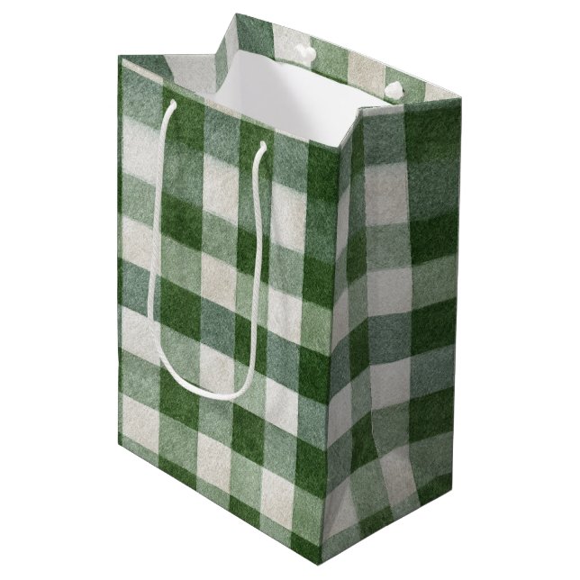Warm Cream Green Plaid Stripes Christmas Mittlere Geschenktüte (Vorderseite Schrägansicht)
