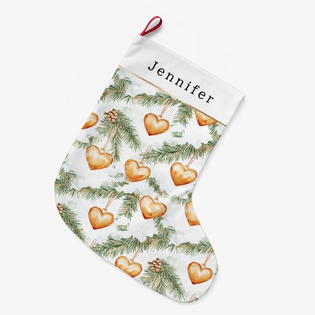 Warm Creamy Caramel Hearts Christmas Tree Branches Großer Weihnachtsstrumpf (Vorderansicht (hängend))