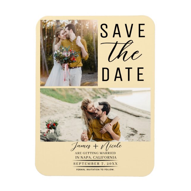 Warm Custard Modern 2 Fotos Save the Date Hochzeit Magnet (Vertikal)