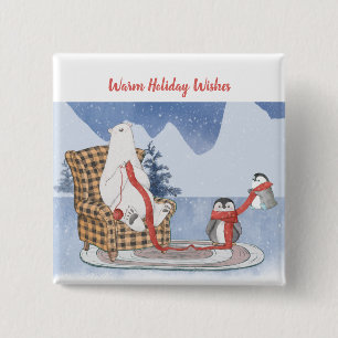 Warm Holiday Wishes Polar Bear Penguins Knit Button