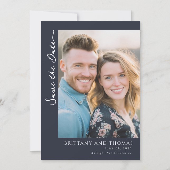 Warm Navy Minimalist Photo Save The Date (Vorderseite)