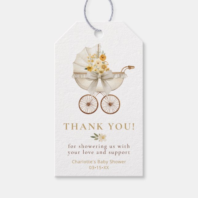 Warm Neutral Floral Carriage Baby Shower Thank You Geschenkanhänger (Vorderseite)