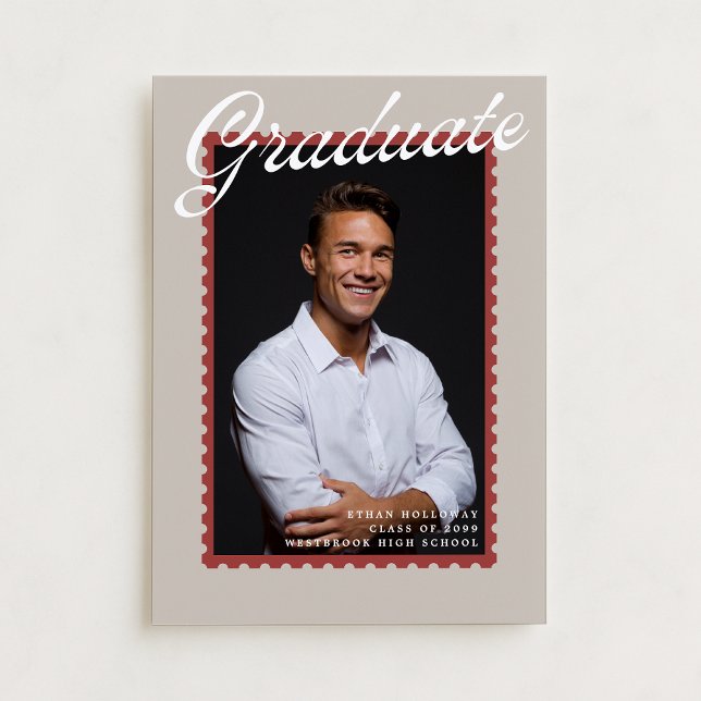 Warm Neutral Postage Stamp Graduation Announcement Einladung (Von Creator hochgeladen)