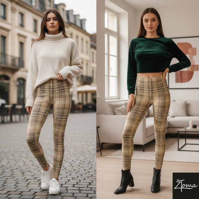 Warm Neutral Tan Plaid Tartan Pattern Leggings (Von Creator hochgeladen)