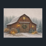 Warm Neutral Watercolor Rustic Christmas Barn  Feiertagspostkarte<br><div class="desc">This soft watercolor illustration captures a peaceful winter farm scene featuring a rustic wooden barn decorated for Christmas. Snow gently falls across the landscape while warm light glows from the barn windows and lanterns near the entrance. A festive wreath hangs on the barn doors, surrounded by evergreen trees, stacked firewood,...</div>