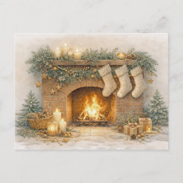 Warm Neutral Watercolor Rustic Christmas Fireplace Feiertagspostkarte
