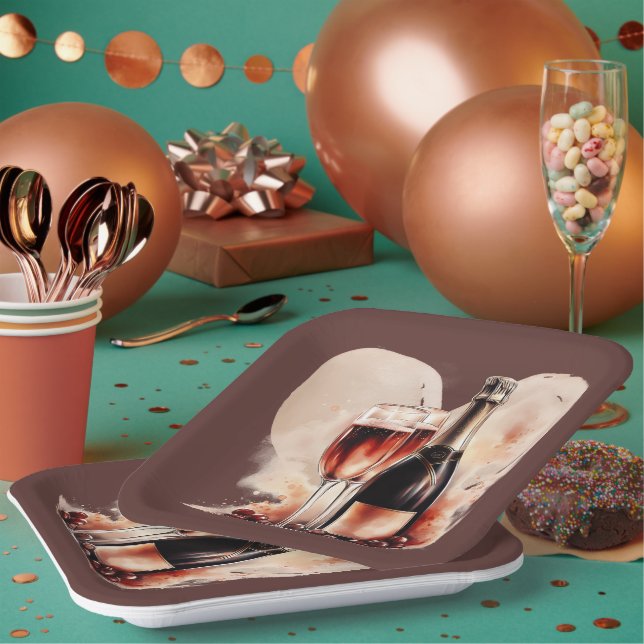 Warm Red and Tan Watercolor Champagne Bottle Pappteller (Multi)