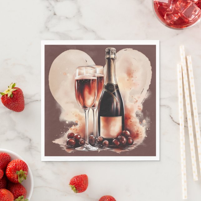 Warm Red and Tan Watercolor Champagne Bottle Serviette (Beispiel)