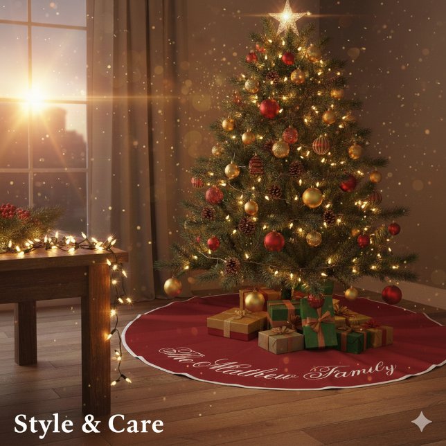 Warm Red Custom Name Holiday Tree Skirt Decoration Leinenimitat Weihnachtsbaumdecke (Warm Red Custom Name Holiday Tree Skirt Decoration)