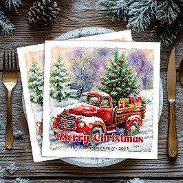 Warm red truck Christmas scene rustic paper napkin Serviette