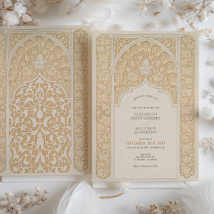 Warm Taupe & Cream Spitz Jugendstil Hochzeit Einladung