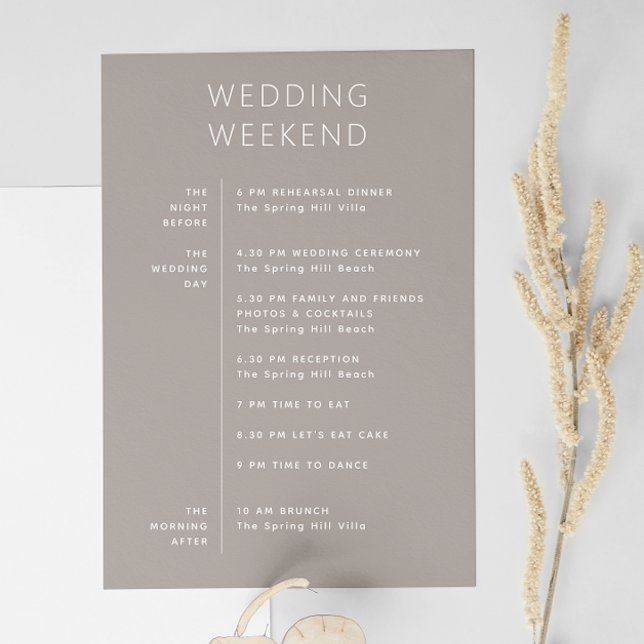 Warm Taupe Gray Weekend Timeline | Hochzeitsempfan Einladung (Von Creator hochgeladen)