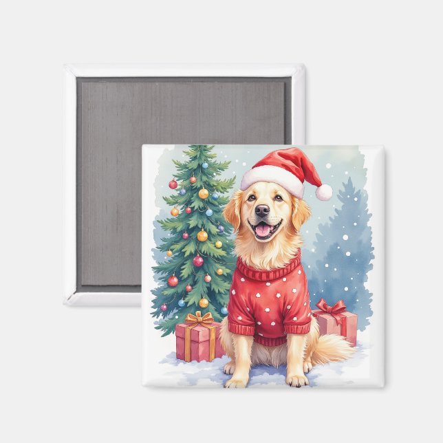 Warm Watercolor Golden Retriever Christmas Tree Magnet (Vorderseite/Rückseite)