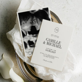 Warm White Soft Black Monogramm Foto-Hochzeitseinl Einladung