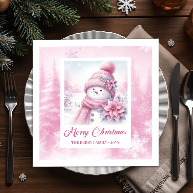 Warm Winter Forest Pink Snowman Christmas Napkins  Serviette (Warm Winter Forest Pink Snowman Christmas Napkins Kids)