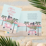 Warm Wishes Tropical Palm Trees & Pink Retro Car Feiertagskarte<br><div class="desc">The design features our hand-drawn warm tropical scenery with the front view of a chic retro pink watercolor car with luggage cargo & a Christmas tree stacked on top of the car. "Warm Holiday Wishes" is displayed in elegant pink calligraphy. Personalize with family signature and year displayed on the front...</div>
