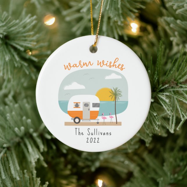 Warm Wishs Beach Orange Camper Flamingo Keramik Ornament (Baum)